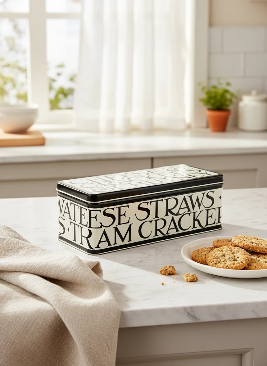Decorative rectangular tin with black and white text on a white background