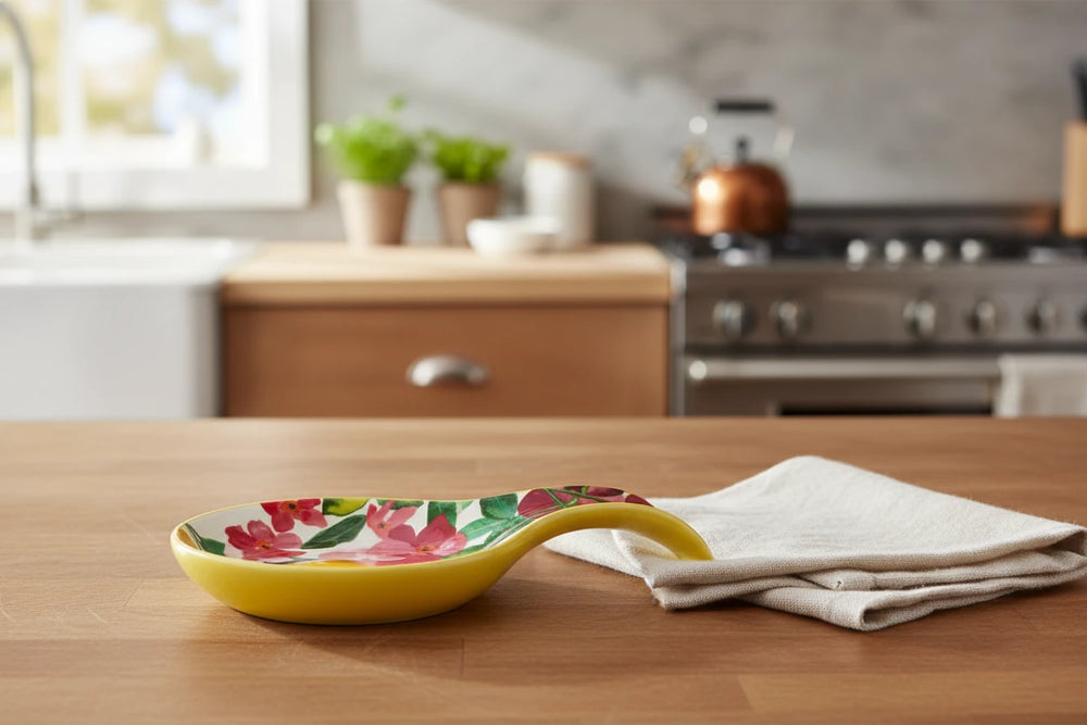 Floral-patterned ceramic spoon rest  on a beige surface