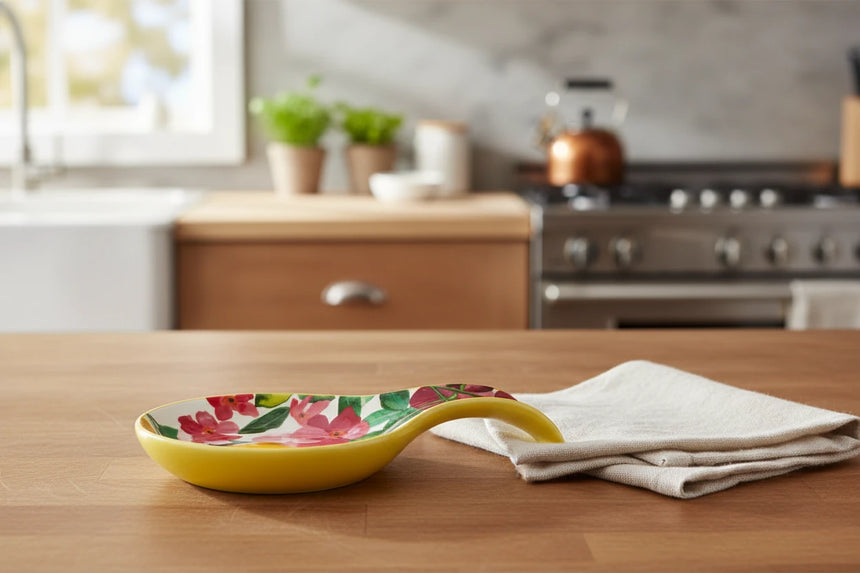 Floral-patterned ceramic spoon rest  on a beige surface