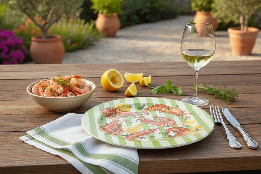Round plate with shrimp and lemon design on a green and white striped background