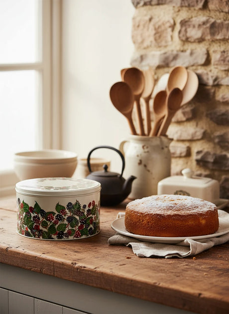 Round decorative box with berry pattern on a white background
