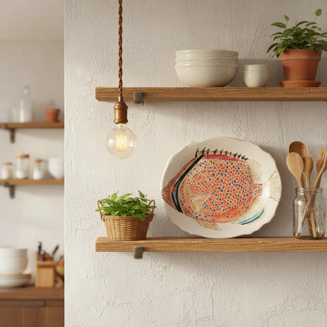 Decorative plate with a fish design on a white background