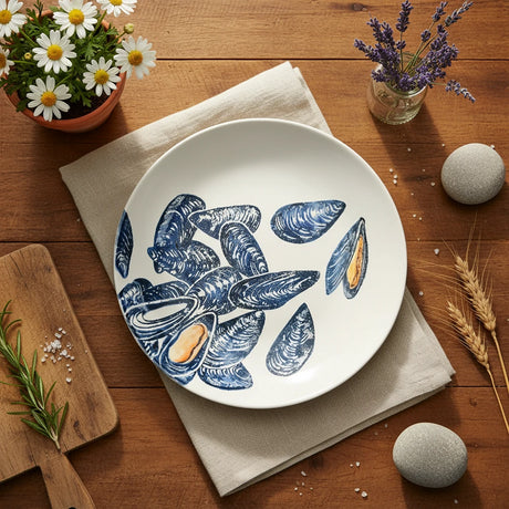 Ceramic plate with blue mussel shell design on a white background