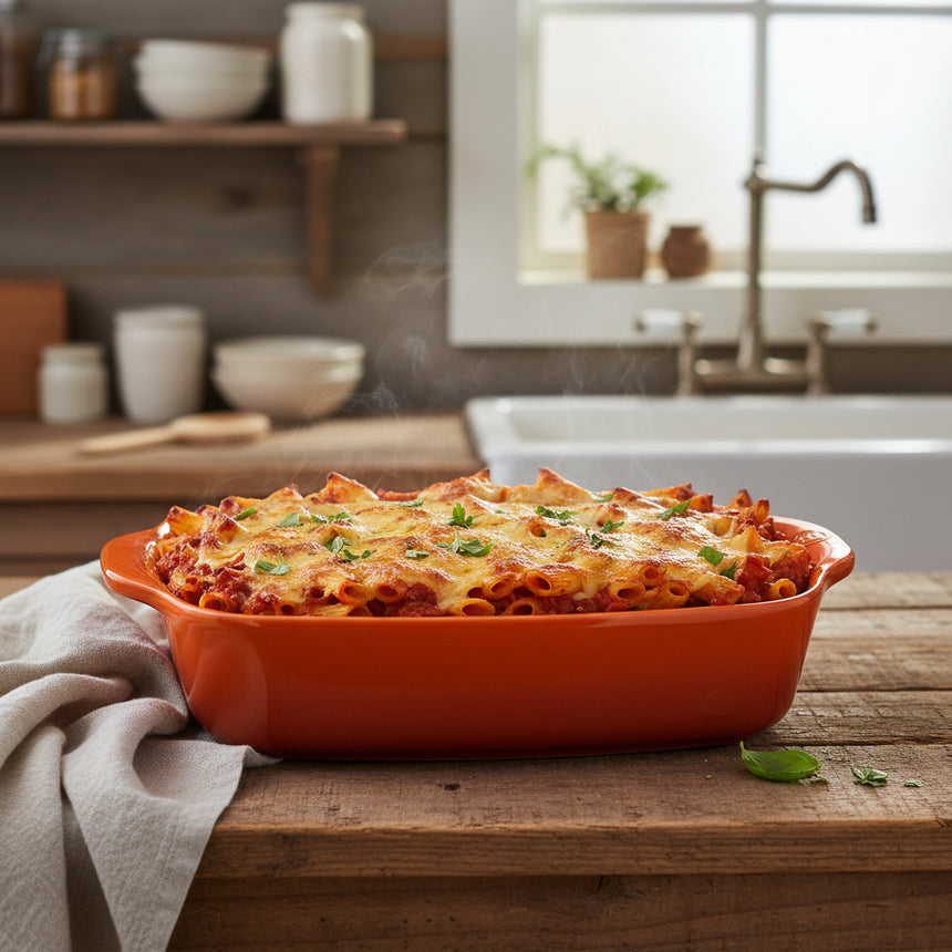 An orange rectangular baking pan with rounded corners and integrated side handles, shown from a top-down perspective on a white background.