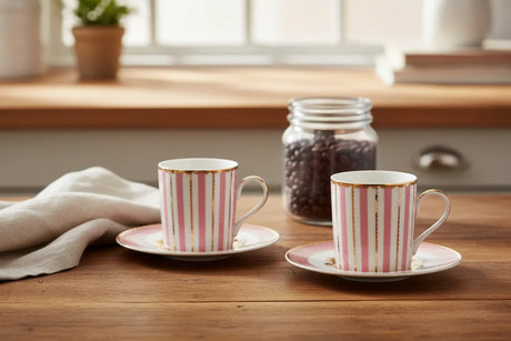 Two pink striped mugs with gold accents on matching saucers.