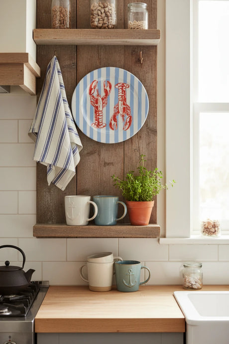 Round plate with red lobster design on a blue and white striped background