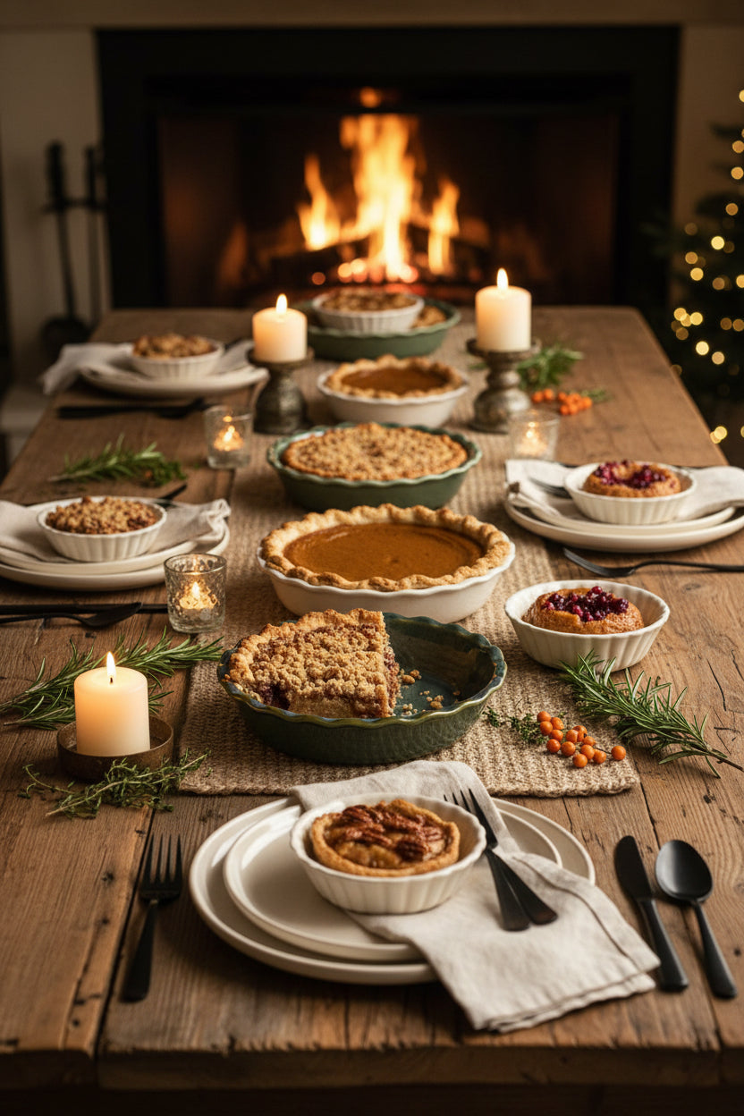 Three ceramic pie dishes with scalloped edges stacked together on a rustic wooden surface, decorated with warm fairy lights and evergreen branches in the background.