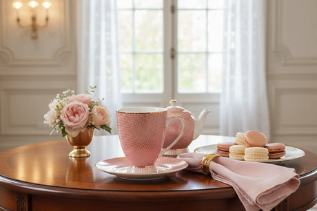 Pink mug with gold accents on a white background