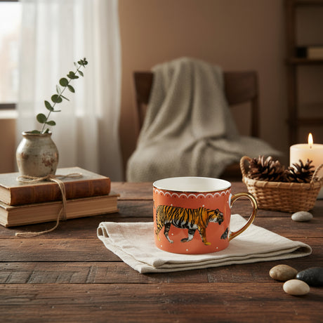 Ceramic mug with a tiger design on an orange background