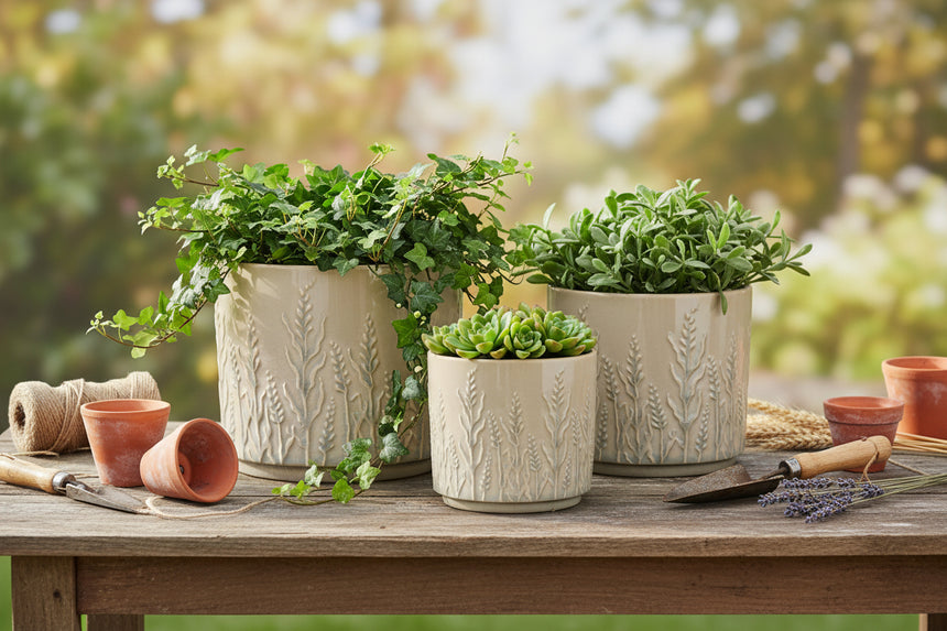 Three beige ceramic planters with embossed plant designs on a white background