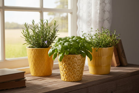 Three yellow ceramic pots with different patterns on a white background