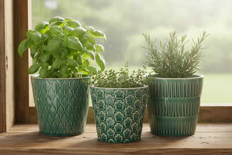 Three green ceramic pots with different patterns on a white background