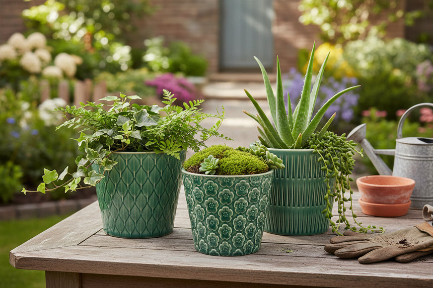 Three green ceramic pots with different patterns on a white background