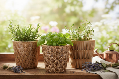 Three decorative ceramic pots with different patterns on a white background