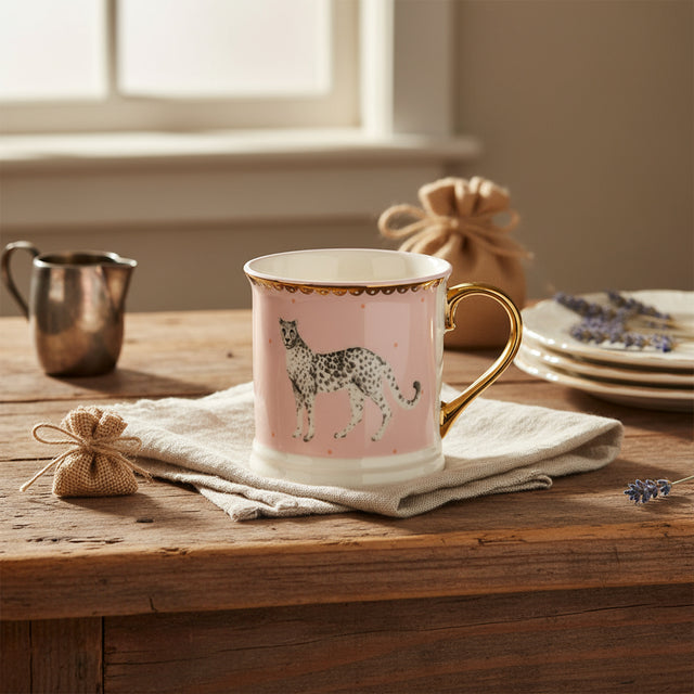 Mug with a leopard design on a pink background
