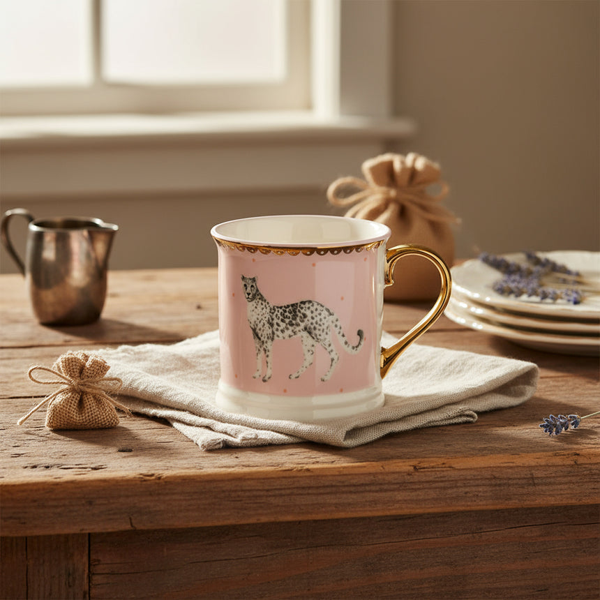 Mug with a leopard design on a pink background