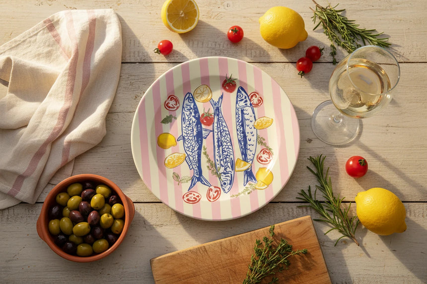 Round plate with blue fish, lemons, and tomatoes on a pink and yellow striped background