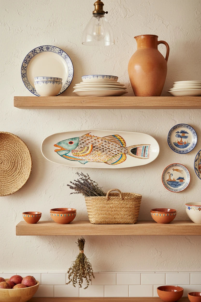 Decorative plate with a colorful fish design on a white background