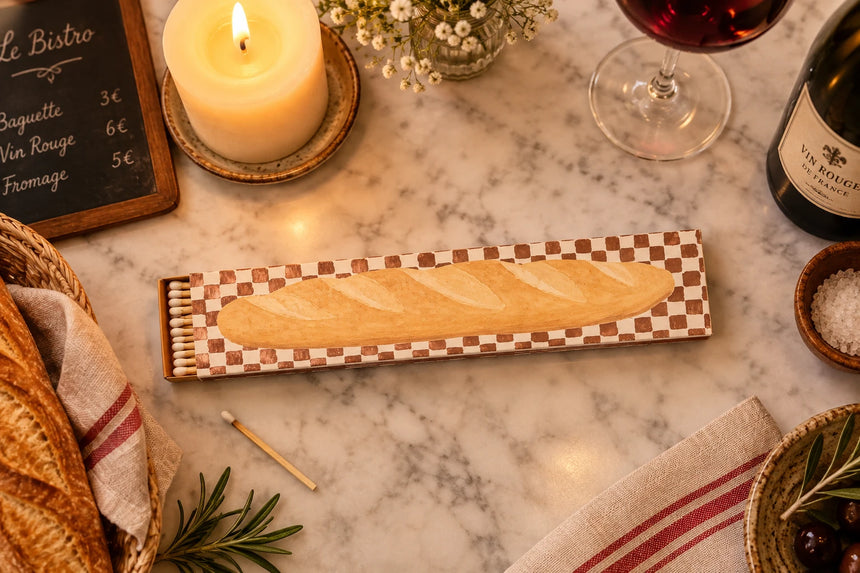 A novelty matchbox shaped like a loaf of bread, featuring a brown and cream checkerboard pattern on the sides and a light beige bread crust design on the front, set against a plain white background.