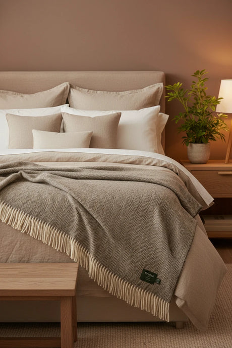Woven blanket with a brand label on a white background