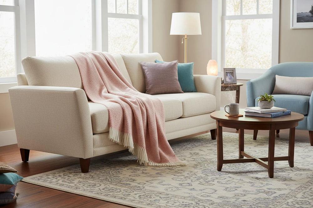 Pink textured blanket with white fringe on a white background