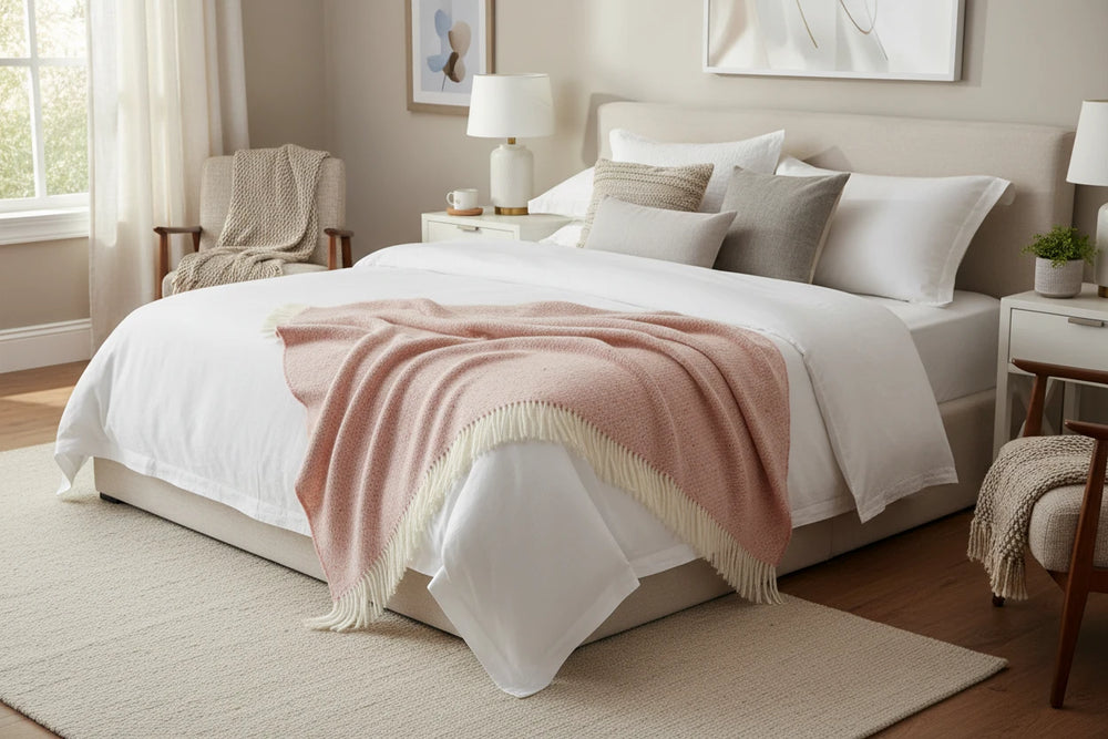 Pink textured blanket with white fringe on a white background