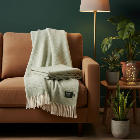 Green textured blanket with a brand label on a white background