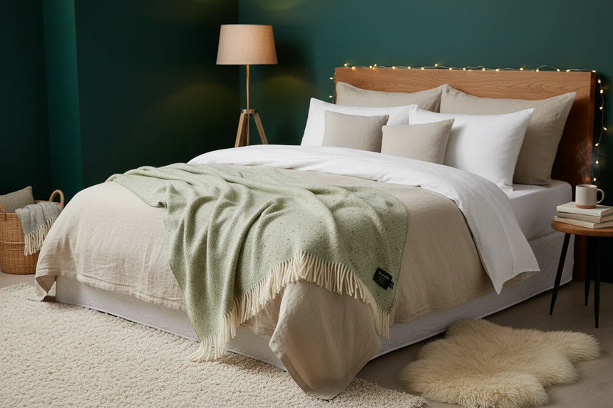 Green textured blanket with white fringe and Bronte by Smart label.