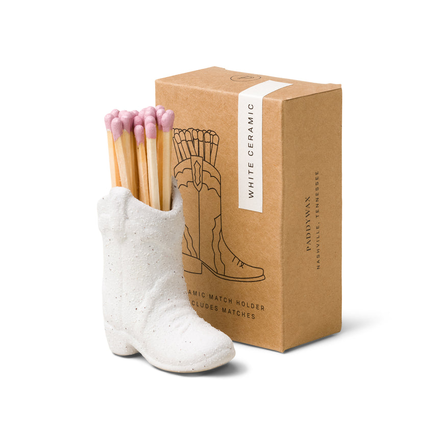 Paddywax Ceramic Cowboy Boot Match Holder, White