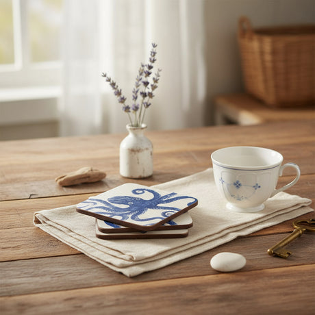 Set of four coasters with blue octopus design on a white background