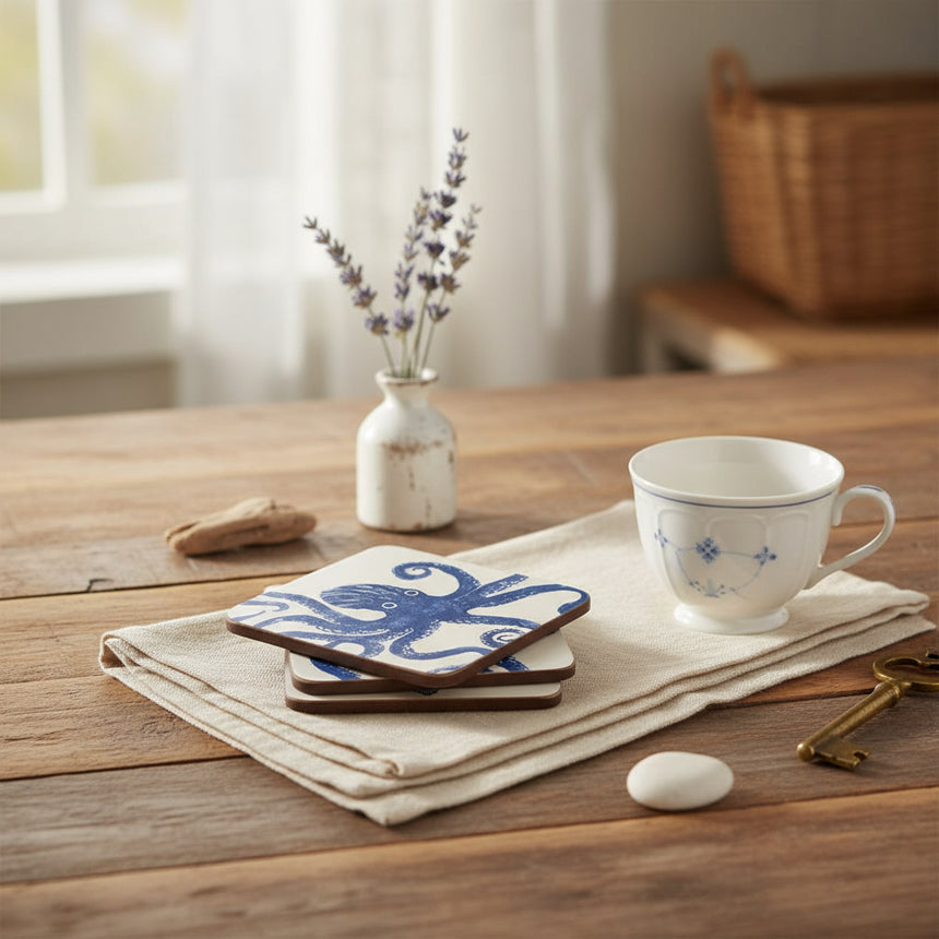 Set of four coasters with blue octopus design on a white background