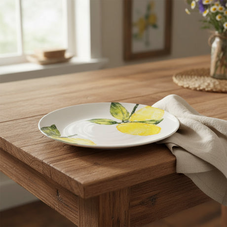 Round plate with lemon design on a white background