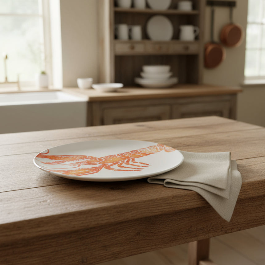 White plate with a red lobster design on a white background
