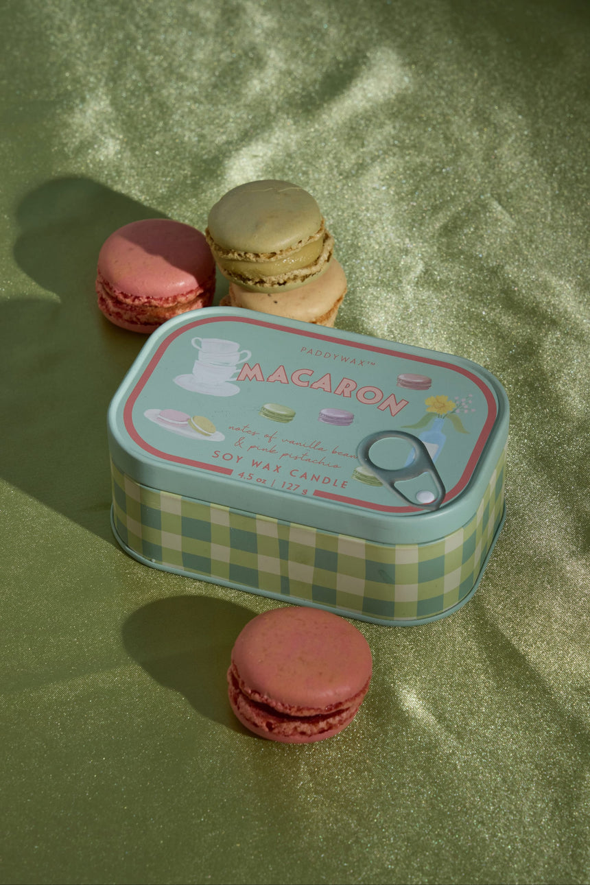Paddywax Bistro Macaron Tin Scented Candle, Amber & Pistachio