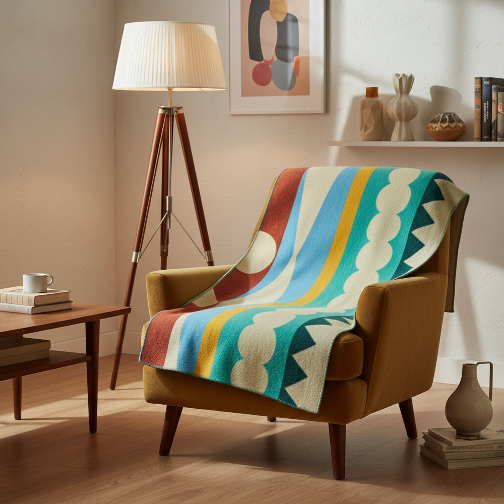 Rectangular rug with geometric pattern on a white background