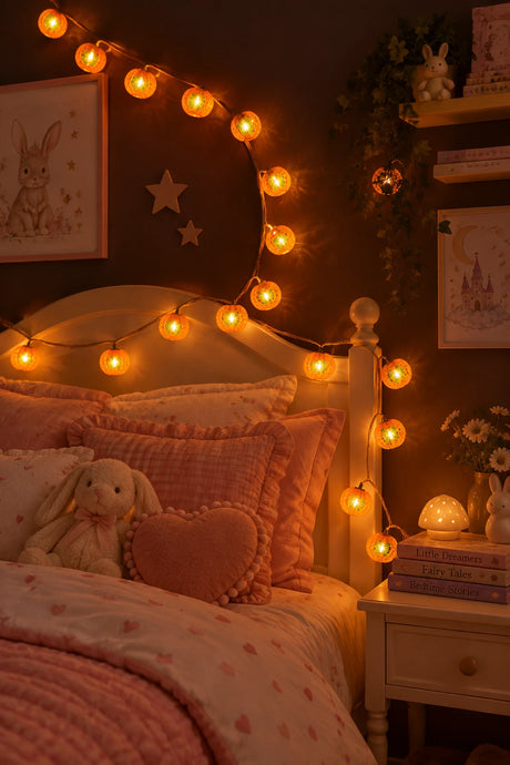 Warm white globe string lights draped in a crescent shape over a shelf with books and a candle, set against a dark brown background.