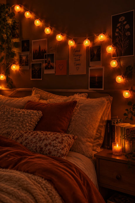 Warm white globe string lights draped around a dark wall and tabletop, with a stack of books and a small candle nearby in a dimly lit room.