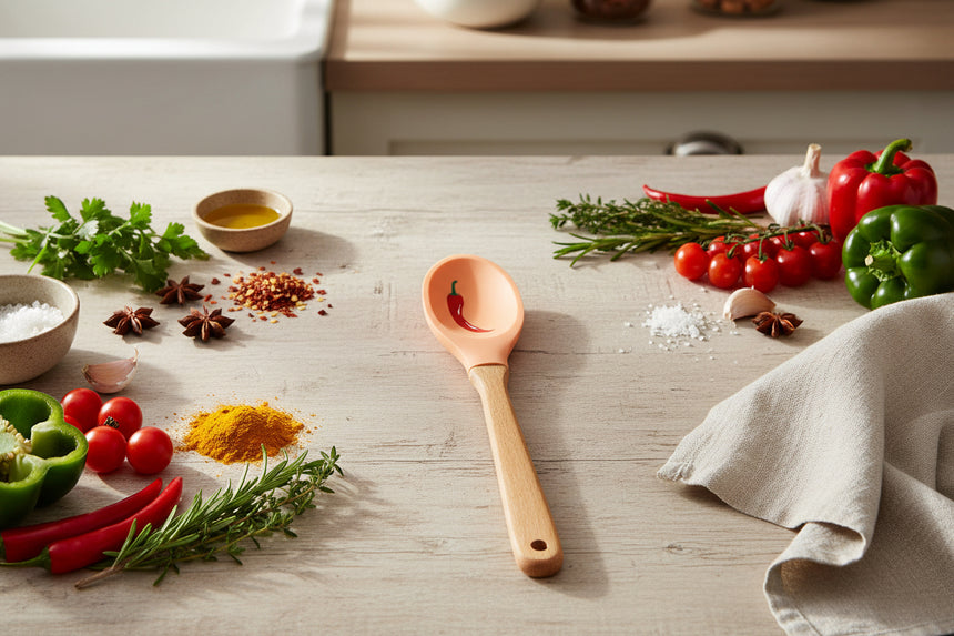 Spatula with a wooden handle and orange head featuring a red chili pepper design on a white background
