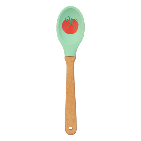 Spatula with green silicone head and wooden handle on a white background