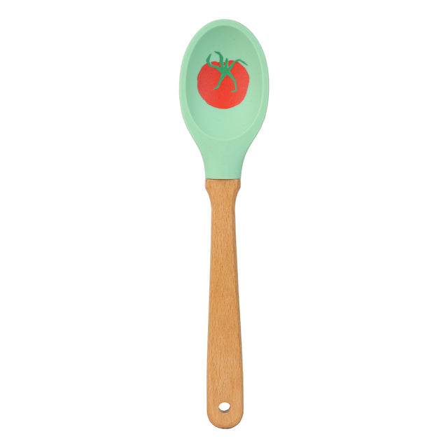 Spatula with green silicone head and wooden handle on a white background