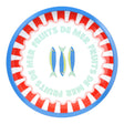 Round serving tray  with red and white striped border, blue fish illustration, and 'Fruits de Mer' text.