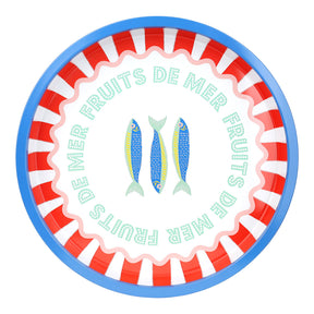 Round serving tray  with red and white striped border, blue fish illustration, and 'Fruits de Mer' text.