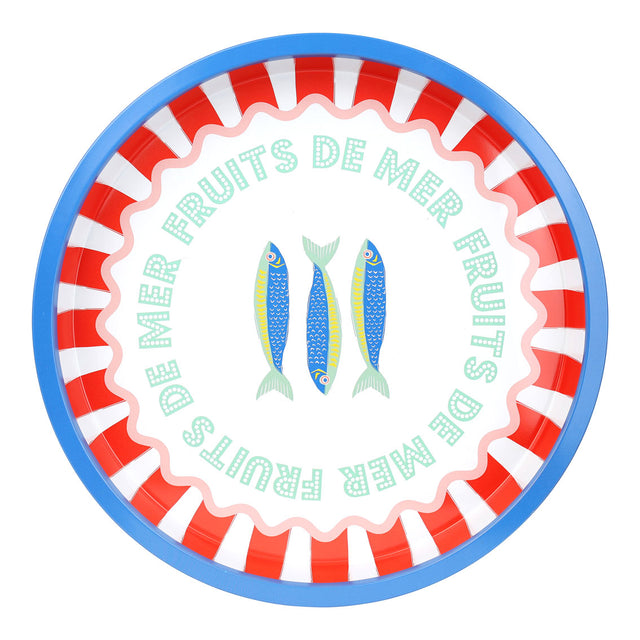 Round serving tray  with red and white striped border, blue fish illustration, and 'Fruits de Mer' text.
