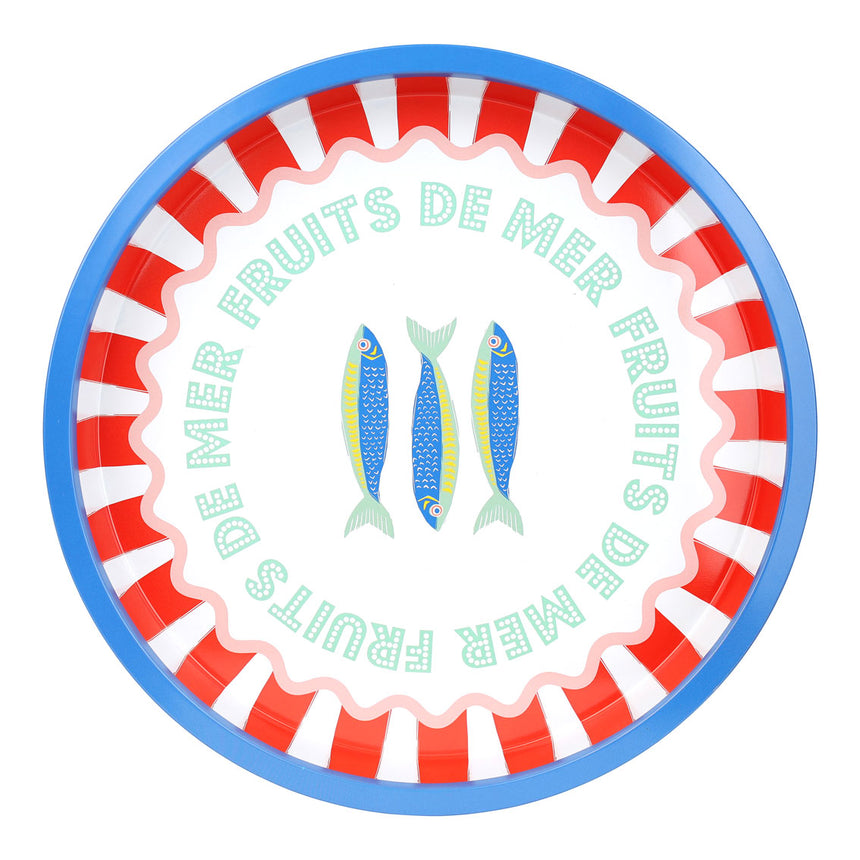 Round serving tray  with red and white striped border, blue fish illustration, and 'Fruits de Mer' text.
