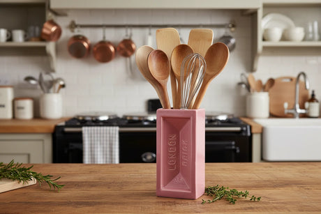 Pink rectangular vase with 'London Brick' text on a white background