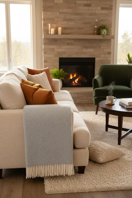 Textured blue blanket with white fringe on a white background