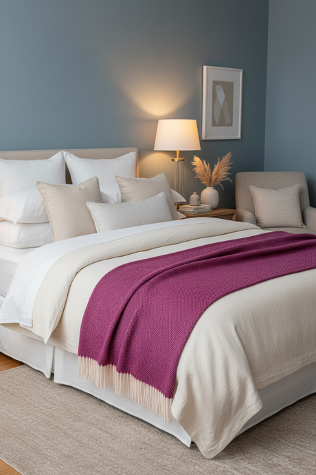pink  woven blanket with beige fringe on a light gray background