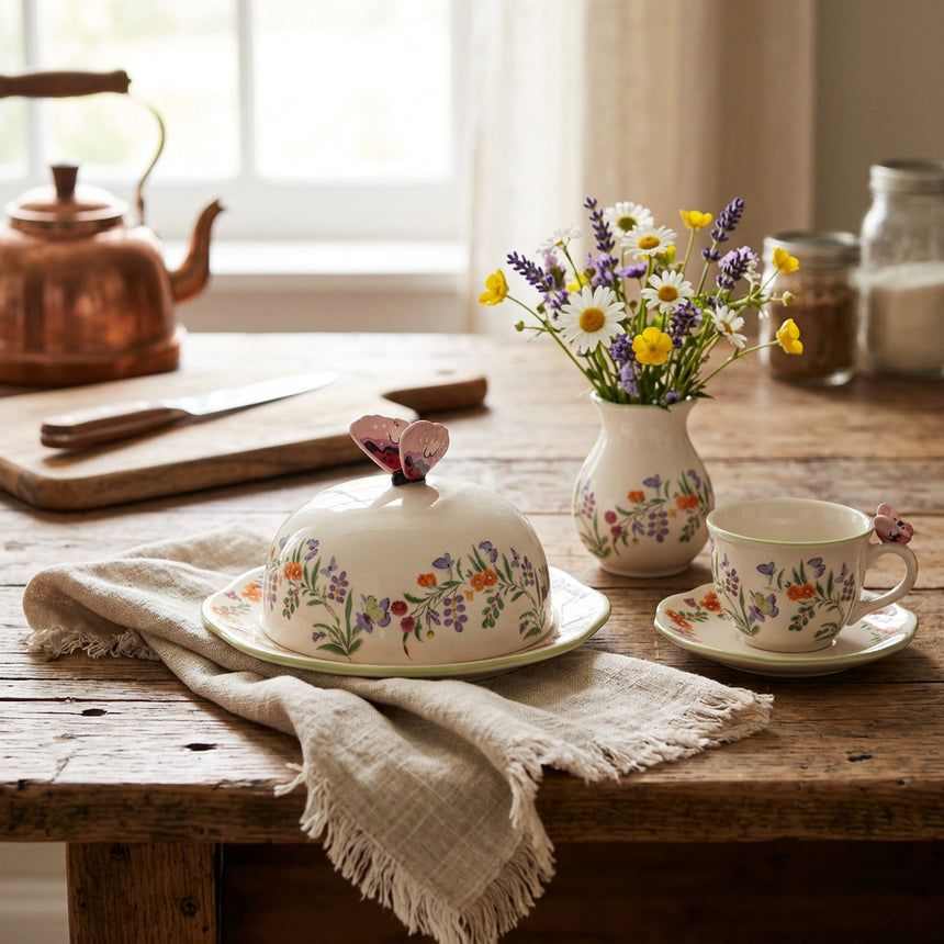 A small ceramic butter dish with a domed lid and a pink butterfly-shaped handle, decorated with a delicate multicolor floral pattern on a white background.