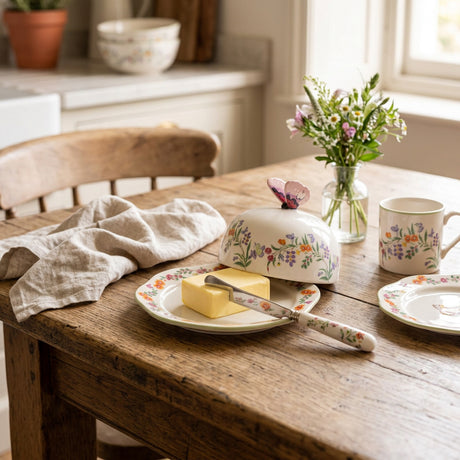 A ceramic butter dish with a matching lid, decorated with a delicate multicolor wildflower pattern and a butterfly motif, featuring a pink flower-shaped handle on a white background.