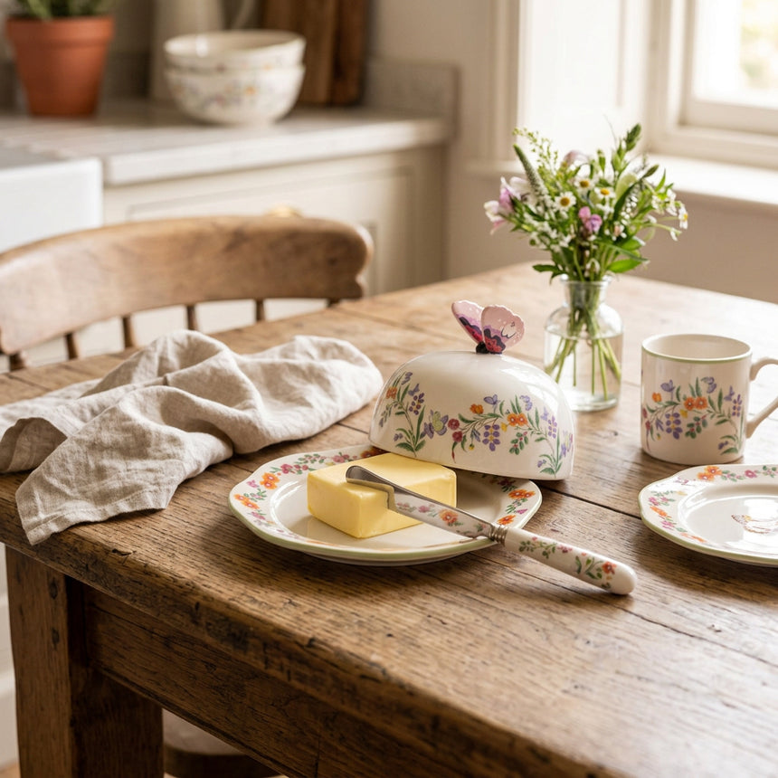 A ceramic butter dish with a matching lid, decorated with a delicate multicolor wildflower pattern and a butterfly motif, featuring a pink flower-shaped handle on a white background.